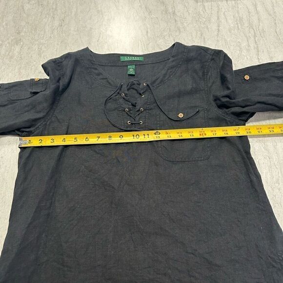 Lauren Ralph Lauren 100% Linen Tie Front Black 3/4 Roll Tab Sleeve Top Size L - Picture 8 of 11